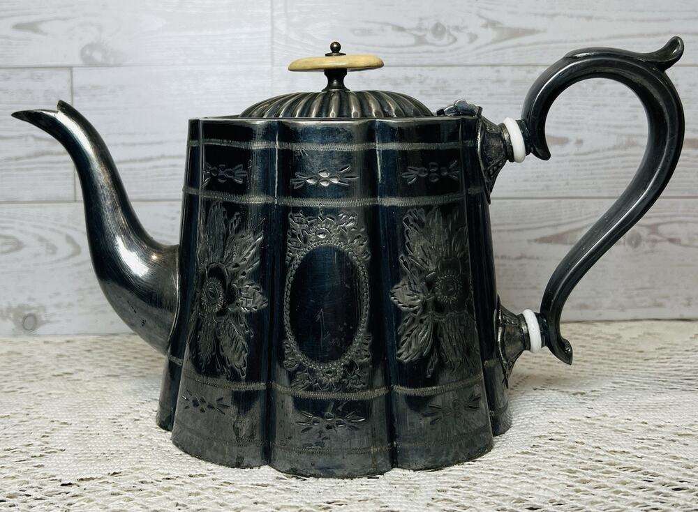Victorian Silver Electro Plated Britannia Metal Repousse Teapot w/Bone Accents